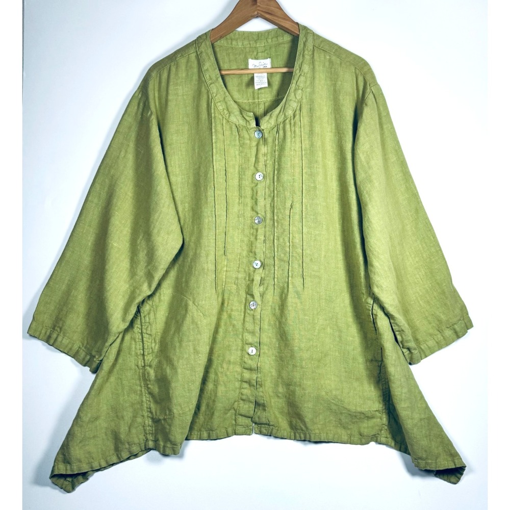 Mosaic Linen Tunic Top Womens Large Green Lagenlook Boho Asymmetrical Minimalist - Picture 1 of 11